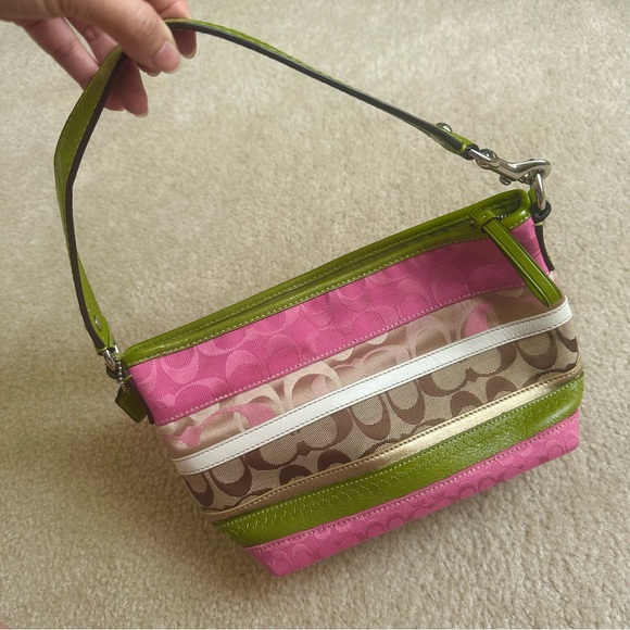 Vintage coach pink and green patchwork stripes signature cc shoulder bag - Picture 1 of 15